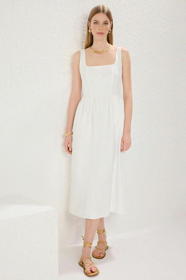 Square Neck Thick Strap Midi Dress with Corset Seam Detail