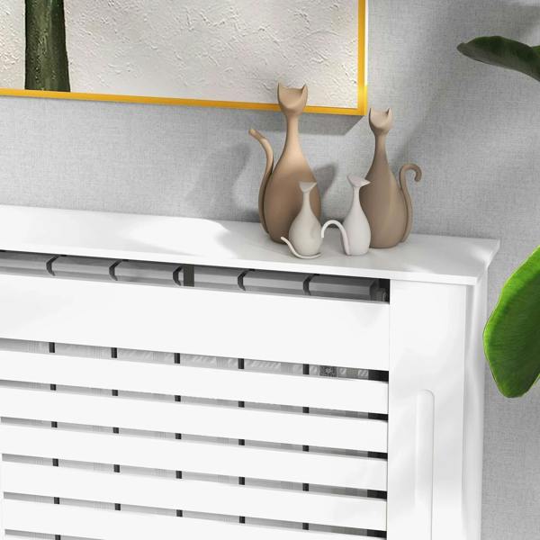 White radiator cover front with horizontal slats and side cutout handle detail.