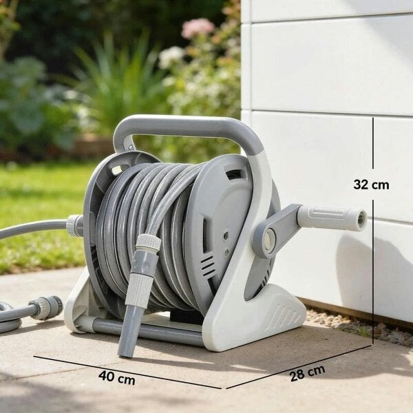 Bobobiy Portable Garden Hose Reel, 20+2 m Wall Mounted Hose Reel with 2 Patterns Spray Nozzle and Crank Handle, Grey