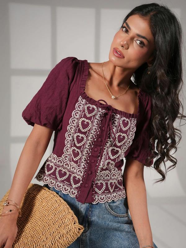 Rose & Nancy Harri Burgundy Heart Embroidery Short Sleeve Top