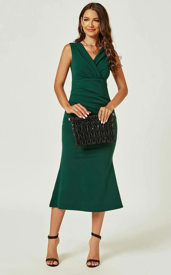 FS Collection Bardot Pleated Midi Dress In Dark Green
