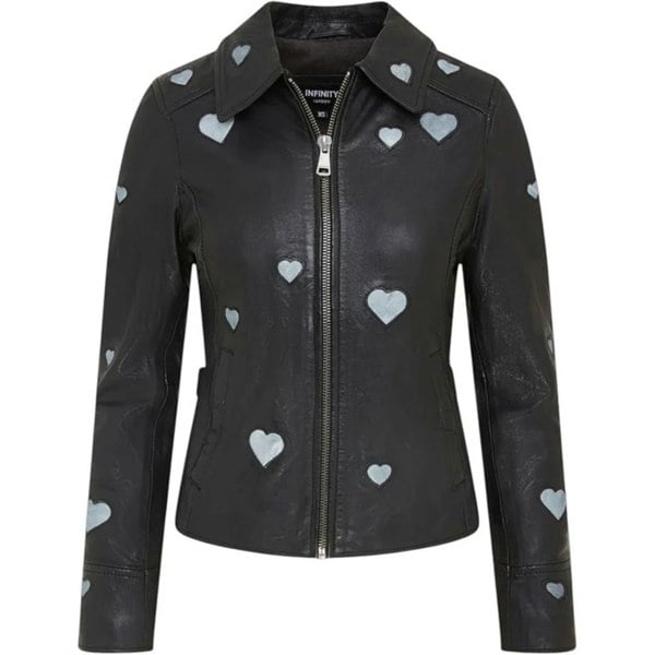 Leather Company Women's Real Leather Shirt Collar Heart Print Jacket