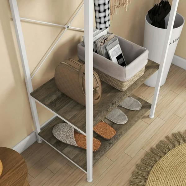 White coat rack with grey two-tier shoe shelves holding shoes and bags