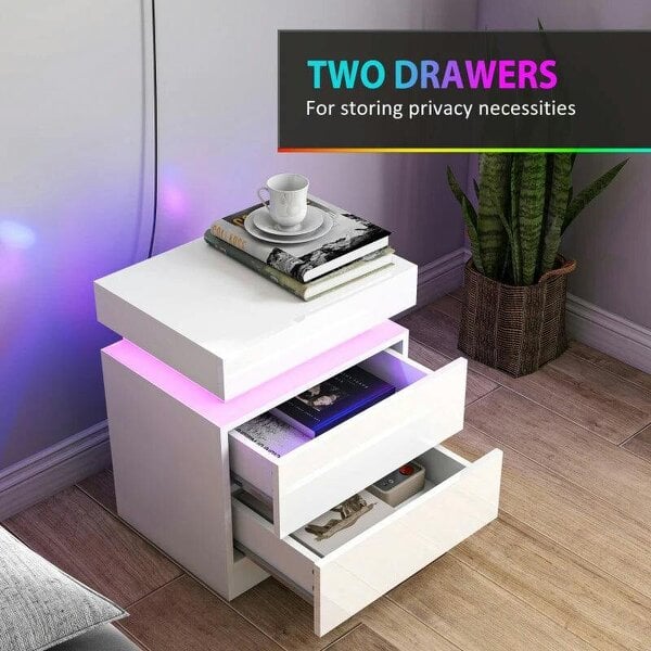 White Bedside Table with LED Light, High Gloss Front Nightstand with 2 Drawers, for Living Room, Bedroom, Set of 2