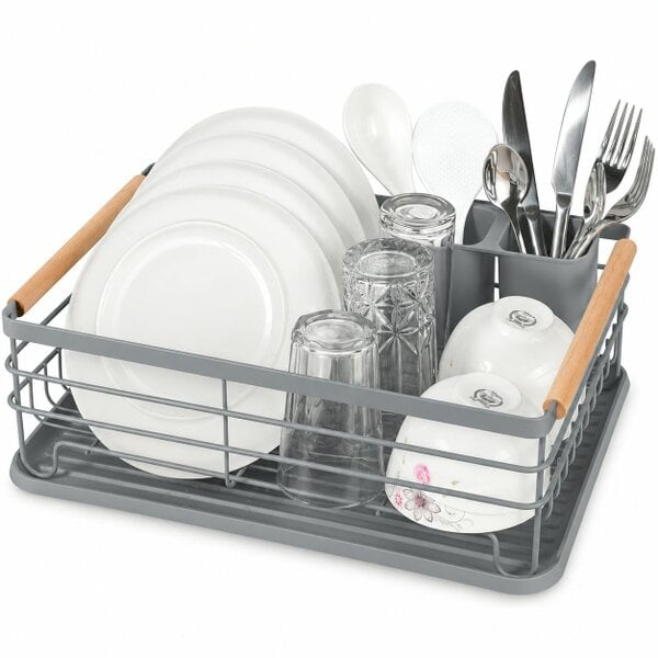 ATEK Dish Drying Rack with Drain Tray, Cutlery Holder & Wooden Handles – Grey