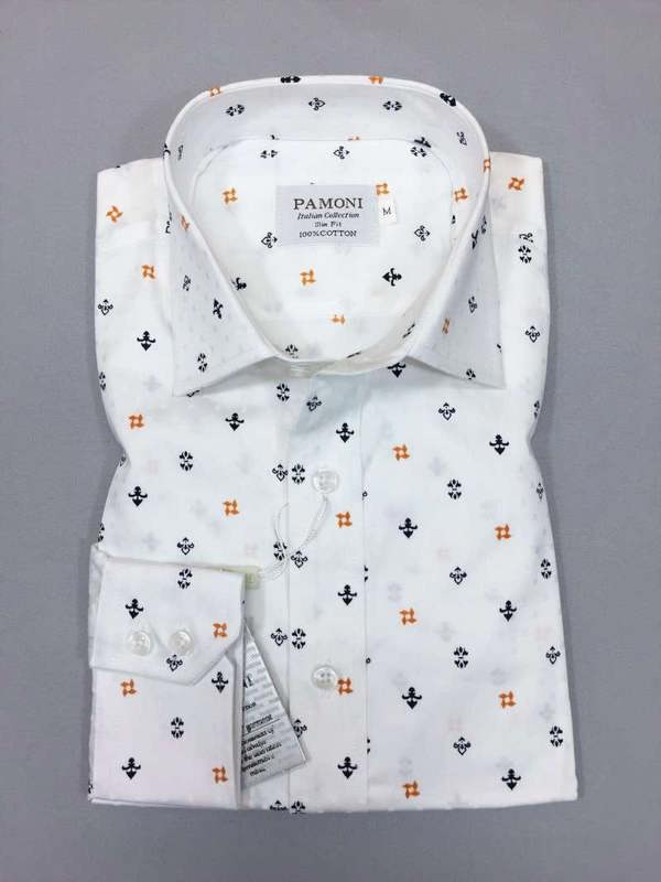 White Navy/orange Symbol Print Slim Fit Shirt Men's Shirt