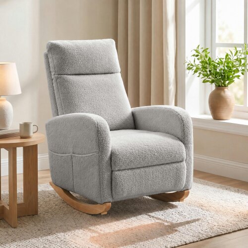 HOMCOM Modern High Back Sherpa Fleece Leisure Rocking Chair, Light Grey