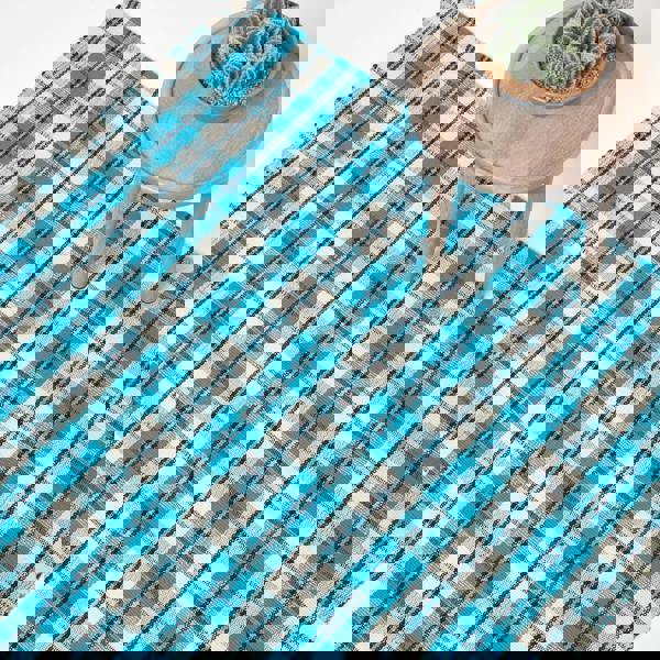 HOMESCAPES Irvine Handwoven Blue Tartan 100% Cotton Rug