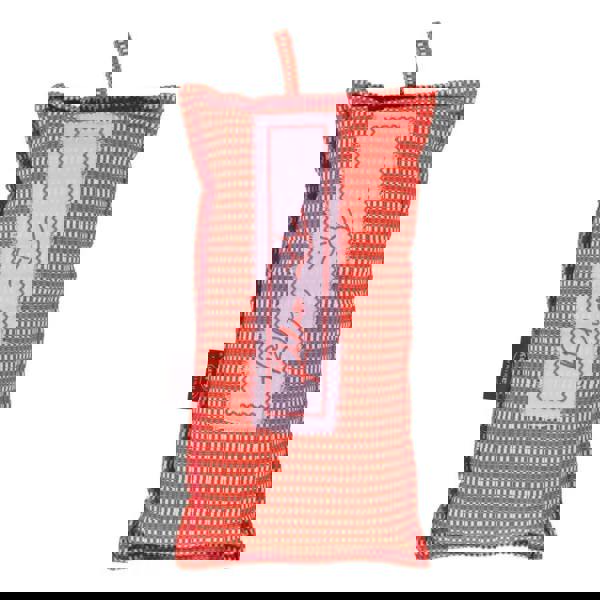 Cozy coral woven hot water bottle cover with scalloped edge and Fashy pine wood scented logo