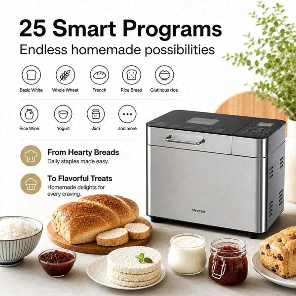 Spector Bread Maker 25 In 1 15H Timer 3 Loaf Sizes with LCD for Home Baking