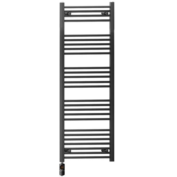 MYHOMEWARE 500 x 1400 mm Matt Black Electric Bathroom Towel Rail Radiator Heater With AF Thermostatic Electric Element Pre-Filled