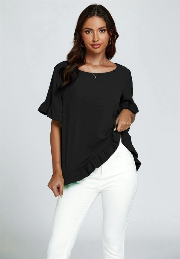 FS Collection Frill Detail Short Sleeves Top In Black