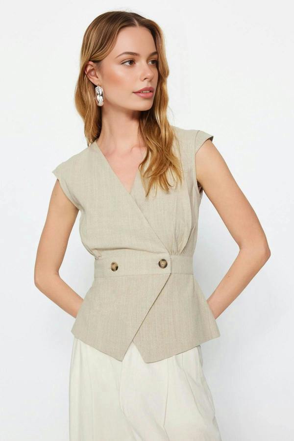 WOVCOR Double-Breasted Woven Blouse with Bone Button Detail