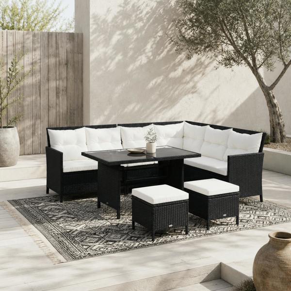 Wyld Haus Semapa Rattan Black 8 Seater Corner Dining Sofa Set With Coffee Table Footstool And White Cushions