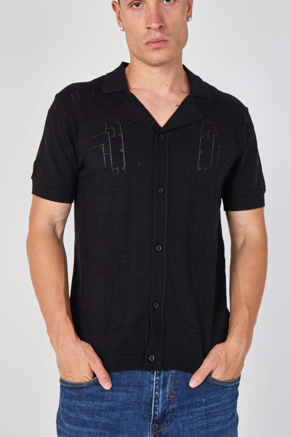 Men's Textured Knitted Button-Through Polo Shirt