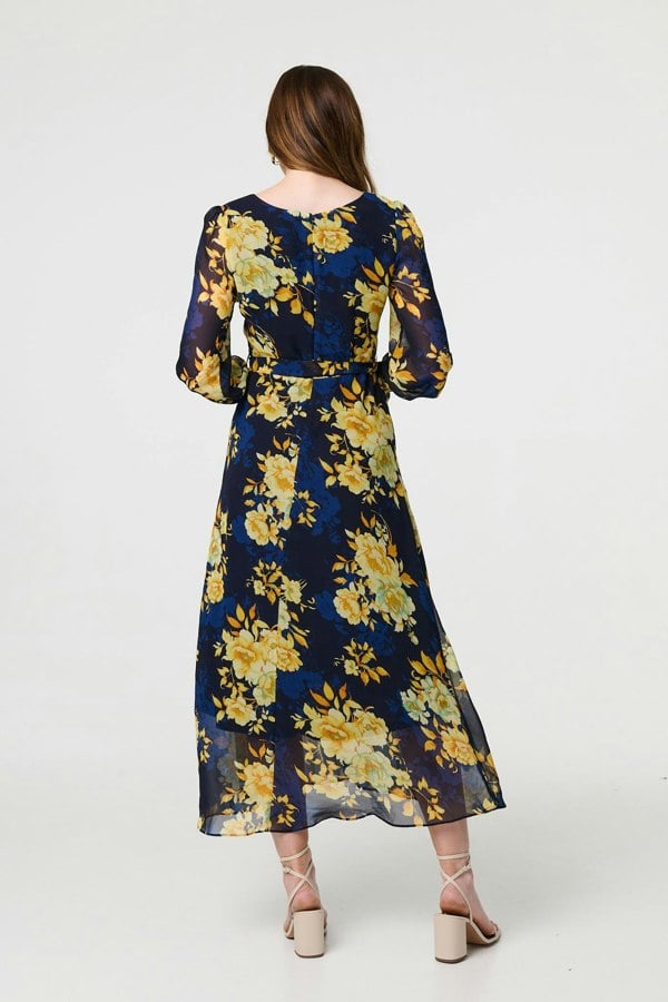 Navy | Floral Long Sleeve Chiffon Midi Dress
