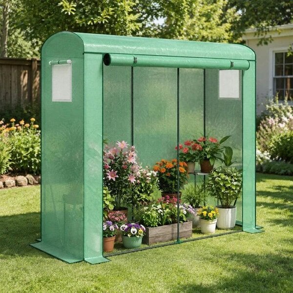 Mini Greenhouse, Garden Tomato Growhouse with Roll-Up Door and 2 Mesh Windows, PE Cover, 200 x 75 x 188 cm, Green