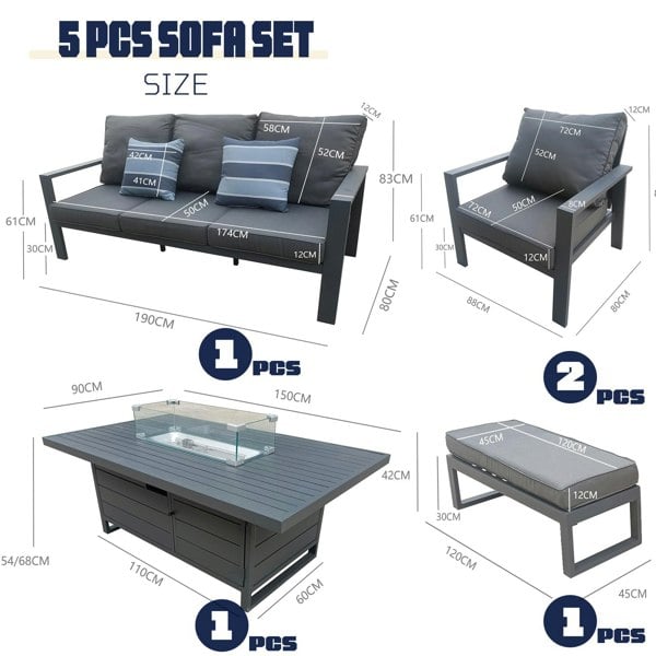 Furniture One 5 PCS Garden Sofa Set, 6 Seater Outdoor Aluminium  Furniture Set with Rising Dining Table, Armchair, 2 Stools