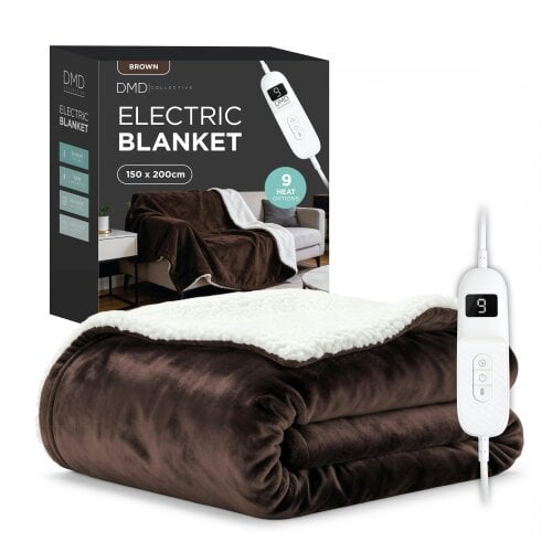 DMD Collective Heated Electric Blanket - Sherpa Fleece, Auto-Off, 9 Heat Levels - 150cm x 200cm - Brown