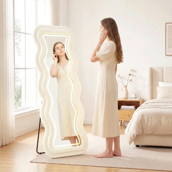 Full Length Mirror, 160 x 60 cm Wavy Full Body Wall Standing Mirror with Velvet Frame and LED Light Strip, Cream White