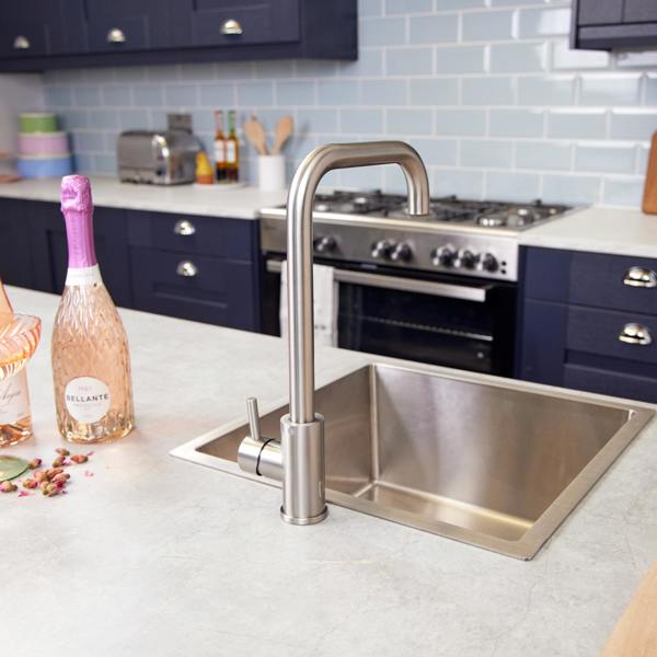 Top-Fix | Vito Square Neck Style Kitchen Mixer Tap | Brushed Steel Finish