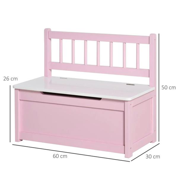 Pink wooden toy box bench with safety rail backrest and open-lid design