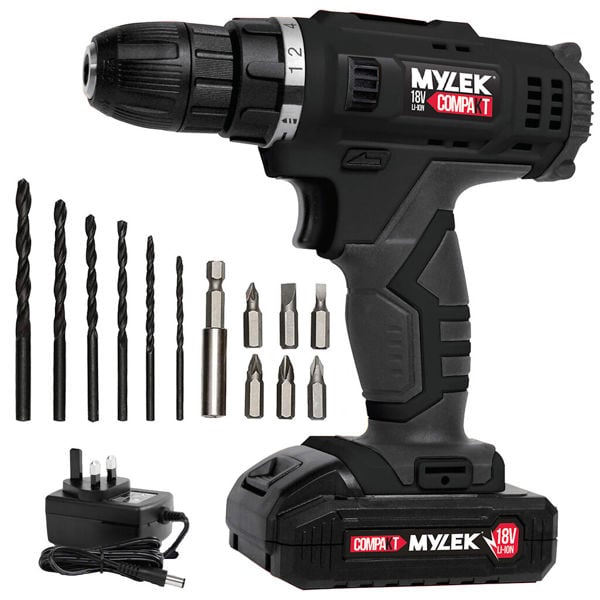 Mylek 18V Cordless Li-ion Drill And 13 Piece Accessory Set
