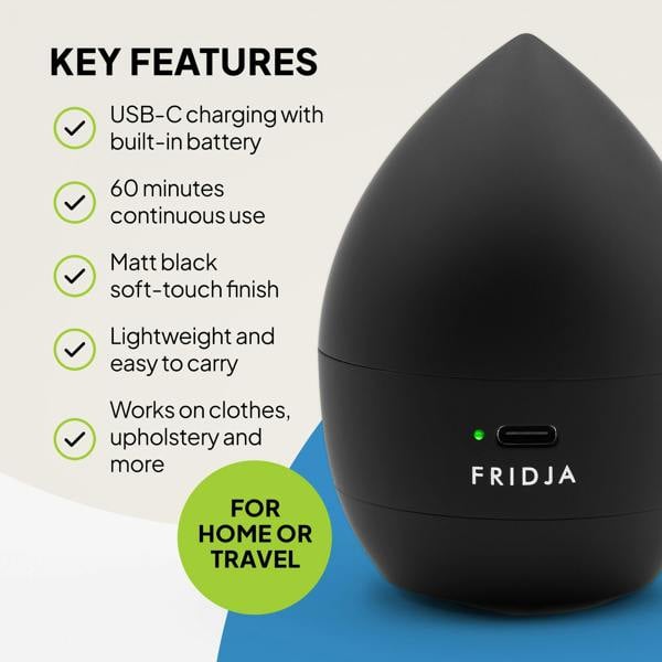 The Fridja Commercial Garment Care Duo – f1600 Steamer & f40 Fabric Shaver, in black with a USB-C port, is shown with features like USB-C charging, 60-min use, soft-touch finish, and portability for home or travel.