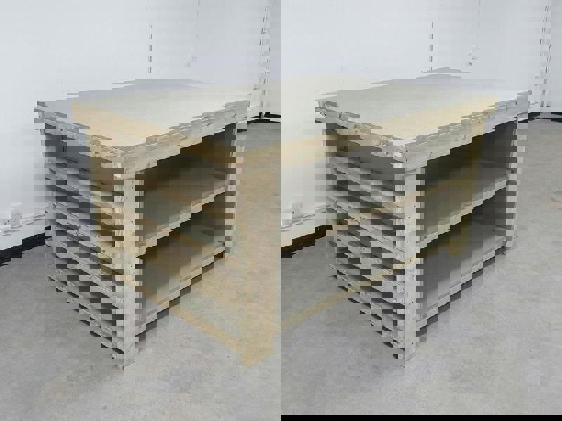 Wooden uniMDF top workbench with extra shelving, featuring a solid timber frame and smooth uniMDF work surface designed for practical workshop use