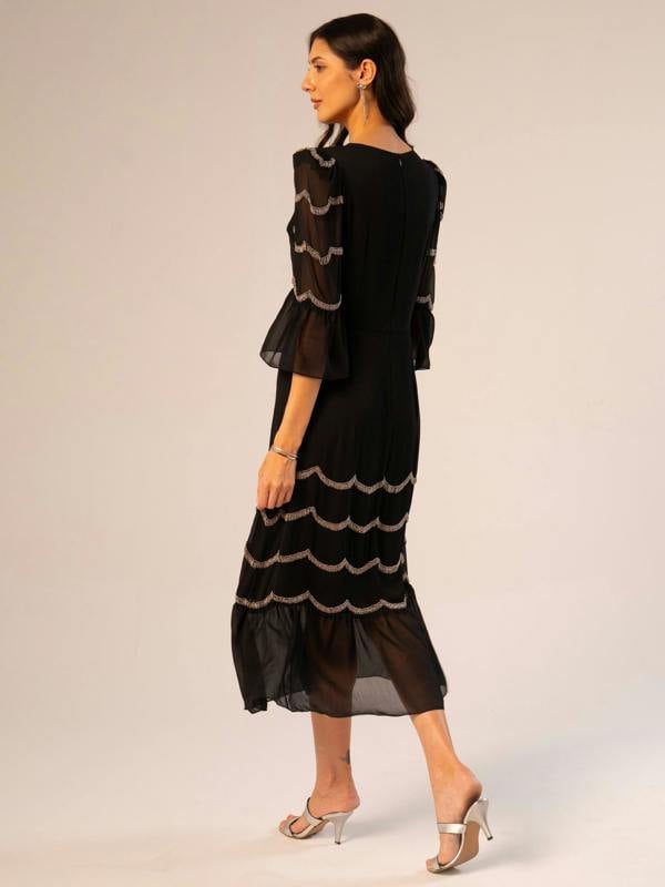 Rose & Nancy Georgina Black and Silver Scallop Bead Midi Dress