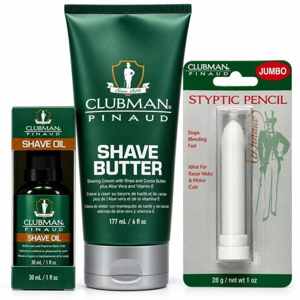 Clubman Pinaud Shaving Essentials - Shave Butter, Shave Oil + Styptic Pencil