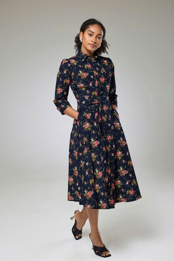 Isha's Timeless collection Navy Flora Cord Long Sleeve Dress