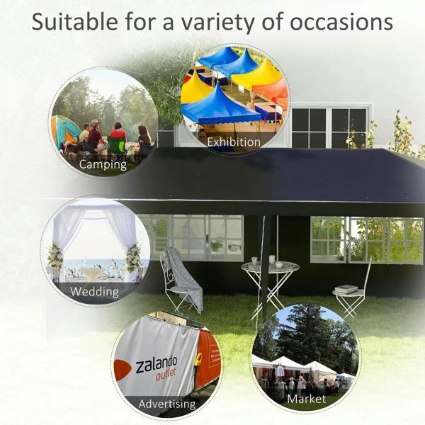 Outdoor party tent gazebo with transparent windows and side panels on a lawn