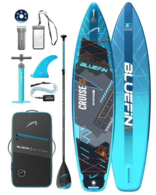 Inflatable paddleboard kit with paddle, fin, pump, backpack, and waterproof phone case in blue and black.