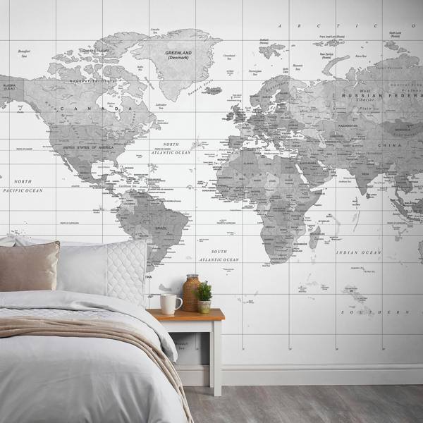 Grandeco World Map 7 panel Textured Mural, 3.71 x 2.8m, White