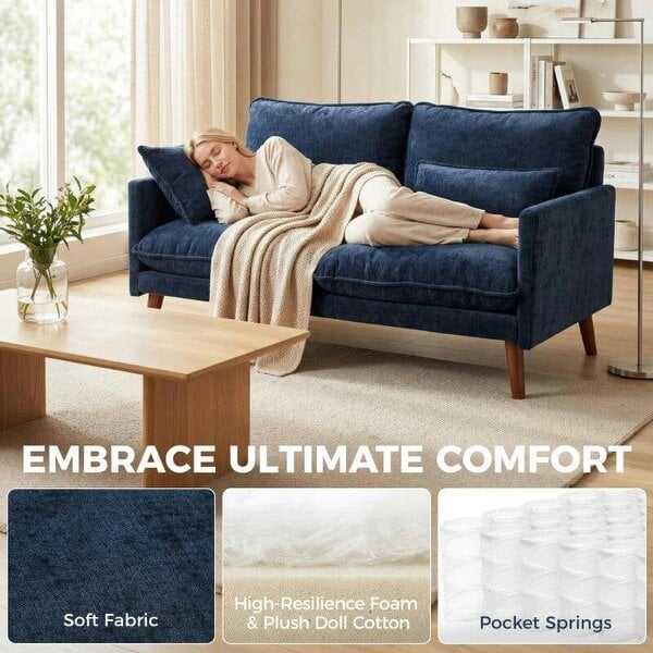 2 Seater Sofa, Loveseat Sofa with Spring Cushions, Wide and Deep Seat, Wood Legs, Blue