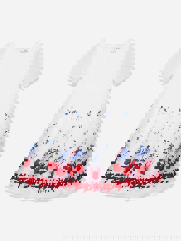 Monnalisa Girls Embroidered Cherry Tulle Dress In White