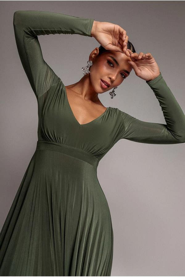 Plunge Neck Long Sleeve A-line Maxi Dress - Olive Green DR2608
