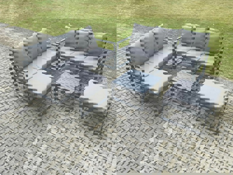 Fimous Aluminium 5 Pieces Garden Furniture Sofa Set with Cushions 8 Seater Outdoor Patio Set with Square Coffee Table 2 Big Footstools Dark Grey