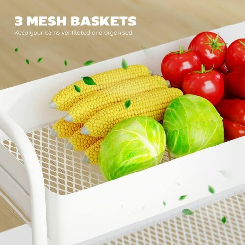 Wyld Haus Saseta Sosa Metal White 3 Tier Rolling Utility Trolley With Mesh Baskets