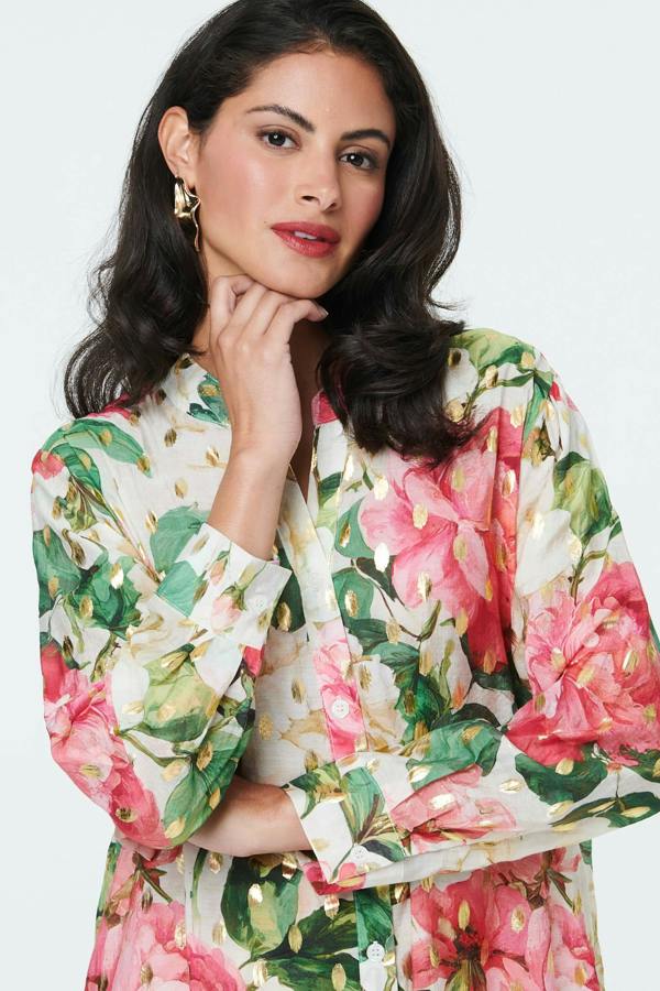 Cream | Floral Long Sleeve V-Neck Longline Shirt