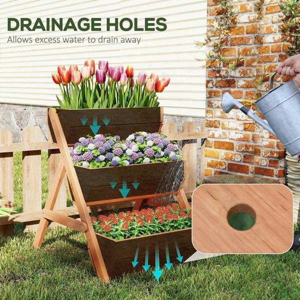 Brown 3-tier planter box with drainage holes illustration on a wooden tray