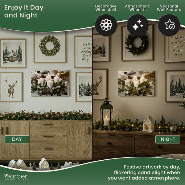 Festive 4 White Candle LED Christmas Canvas Picture Print, Wooden Frame Wall Art with Switch, 40cm x 30cm, Battery Powered Flicker Lights