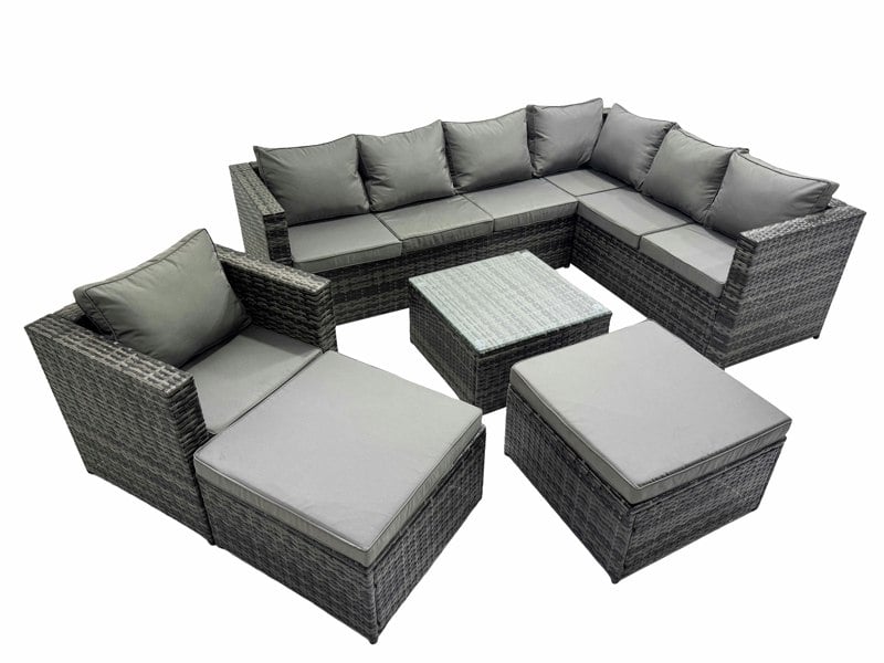 Fimous Outdoor PE Rattan Garden Furniture Sofa Set with Square Coffee Table Chair 2 Big Stools Dark Grey
