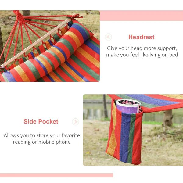 Rainbow striped hammock swing with pillow-like headrest and side pocket