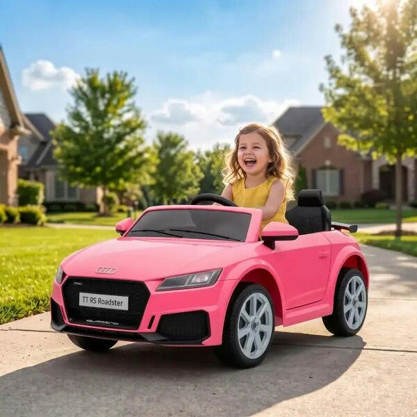 12V Audi TT RS Licensed Electric Car, Electric Ride On Toy with Remote Control, Dual Motors, 4-Wheel Suspension, Pink - Pink