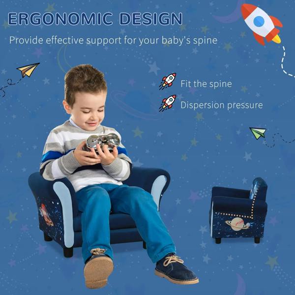 Blue kids mini sofa chair with rocket graphic back and armrests, padded seat