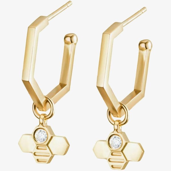 T. H. Baker 9ct Yellow Gold Diamond Hexagonal Tiny Bee Hoop Earrings BEH-9YG-D