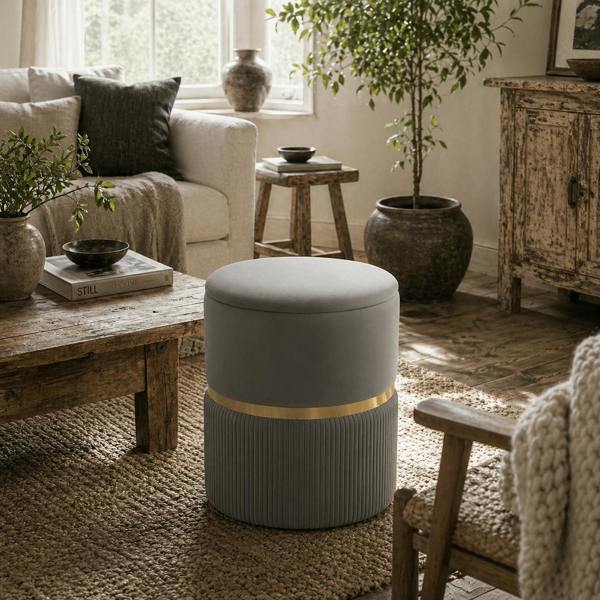 Wyld Haus Rivera Velvet Light Grey Ribbed Storage Ottoman Gold Accent