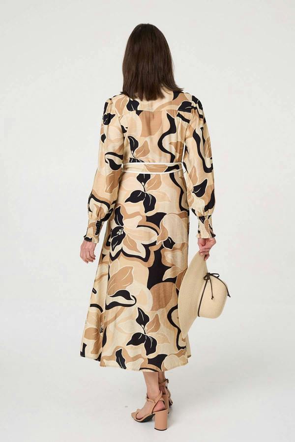 Beige | Abstract Floral Midi Shirt Dress